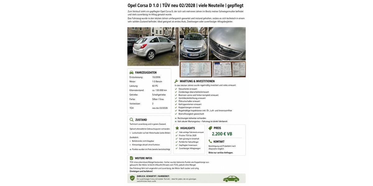 Opel Corsa 130.000 km 1.700 &euro; Krefeld 47798