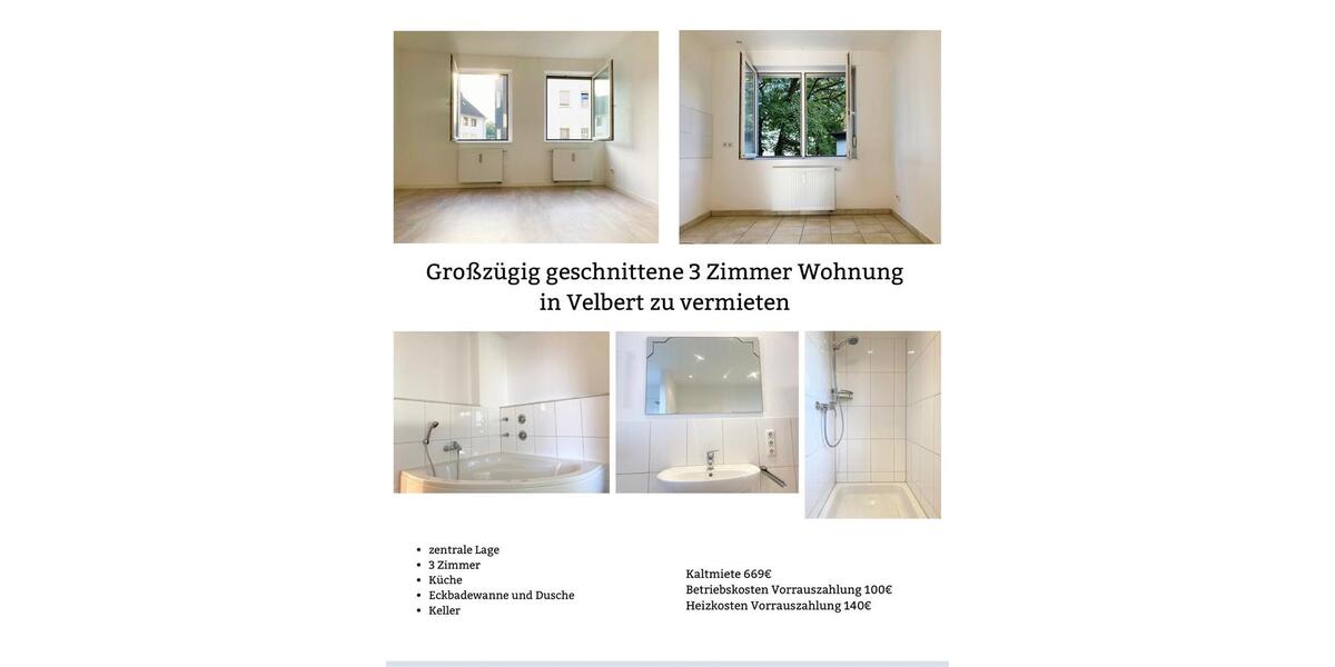 Etagenwohnung Velbert Velbert-Mitte - 3 Zimmer, 80 m&sup2;, 909&euro; | Angebot:26387865