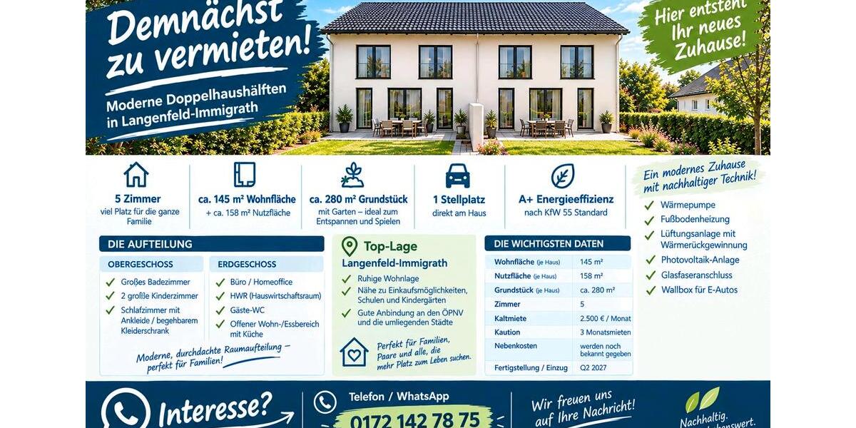 Doppelhaushälfte Langenfeld (Rheinland) - 5 Zimmer, 145 m&sup2;, 2.500&euro; | Angebot:27615756